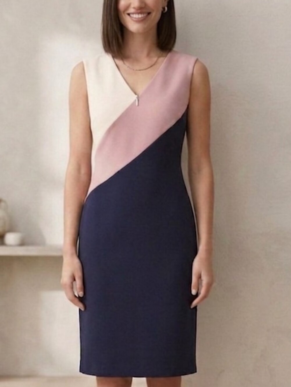 Sleeveless Colorblock V-Neck Sheath Dress in Navy, Blush & Cream